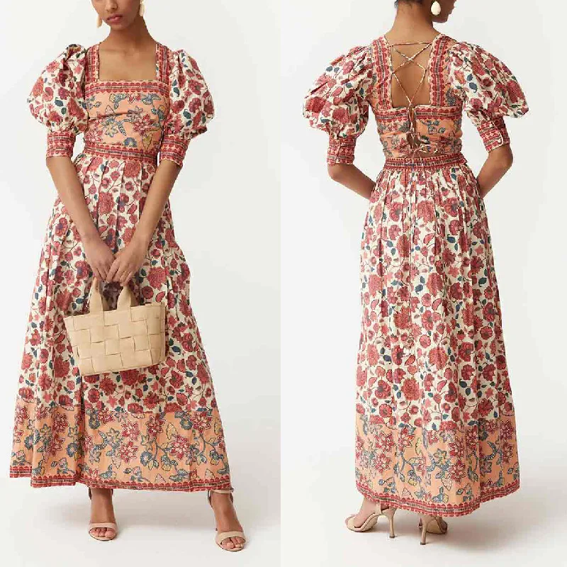 Casual Floral Print Top And Halter Skirt Two-Piece Set Square Collar Midi Skirt Stylish Commute Urban Style Women's Fashion