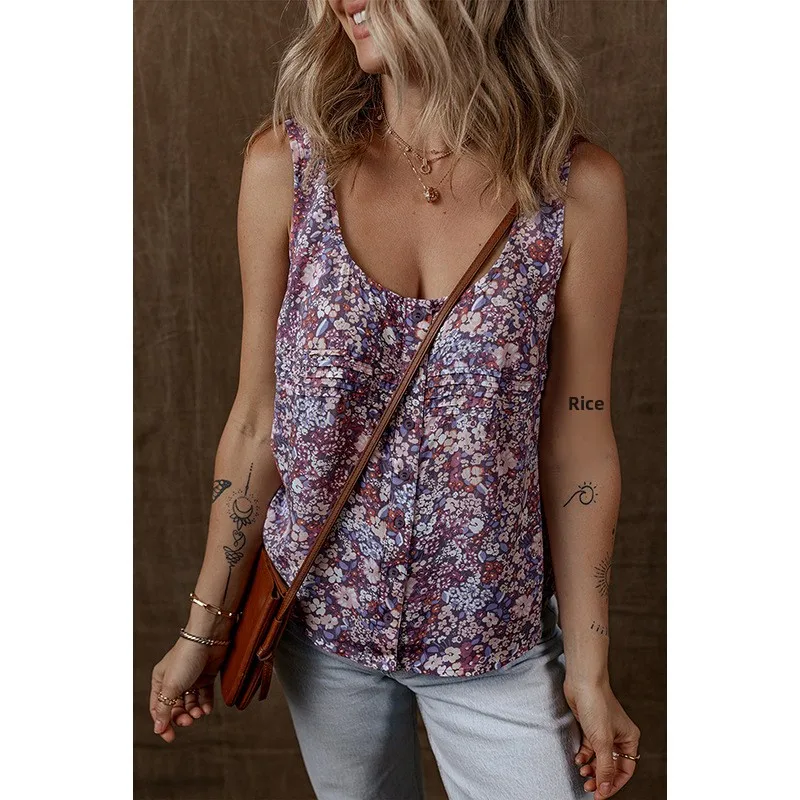 Retro Floral Print Sleeveless Vest Women's Loose Fit U-Neck Summer New Style Versatile Casual Wear Comfortable Cotton Blend