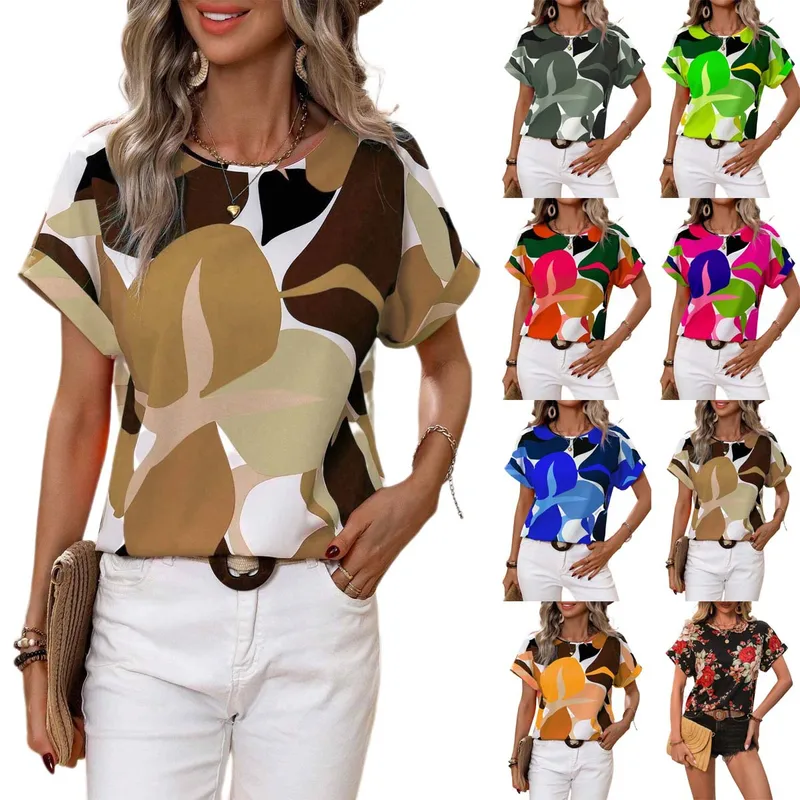 Fashion Short Sleeve Round Neck T-shirt Independent New Summer Printed Top Women's Plant Flower Polyester Fabric Batwing Sleeve