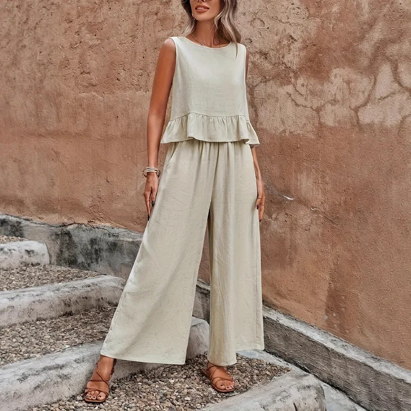 Spring Summer New European Size Ladies Solid Color Ruffle Sleeveless Tank Top And Wide Leg Pants Set Fashion Casual Outfit
