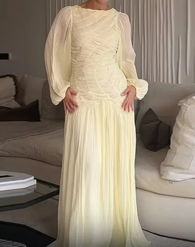 Women's Long Sleeve Bubble Pleated Dress Casual Comfortable Sleeveless Breathable Summer Dress Elegant Romantic Style Polyester Fabric Floor Length Dresses
