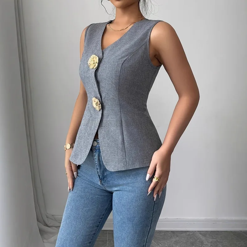 Elegant Gold Rose Brooch Neck Sleeveless Vest  Size Women's Fashionable Commuting Style A-Line Backless Top