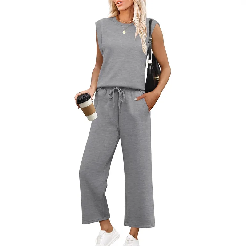 Casual Loose Sleeveless Round Neck Two-Piece Set For Women Fashion Casual Set Solid Color Commute Style With Pockets