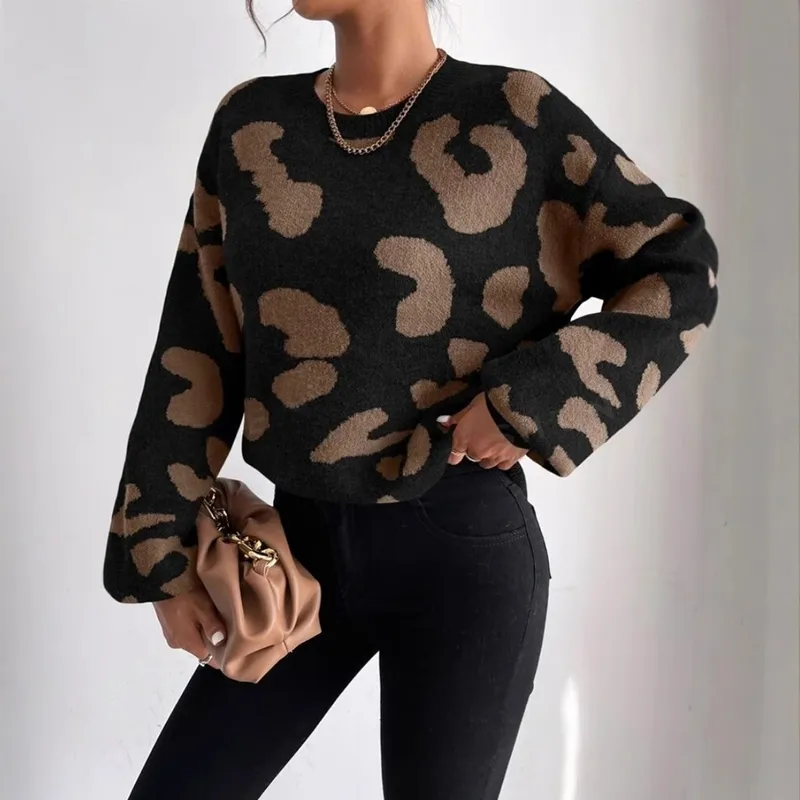 Fashion Classic Leopard Pattern Knitted Sweater Women Round Neck Pullover Long Sleeve Commuter Style Regular Sleeve Length