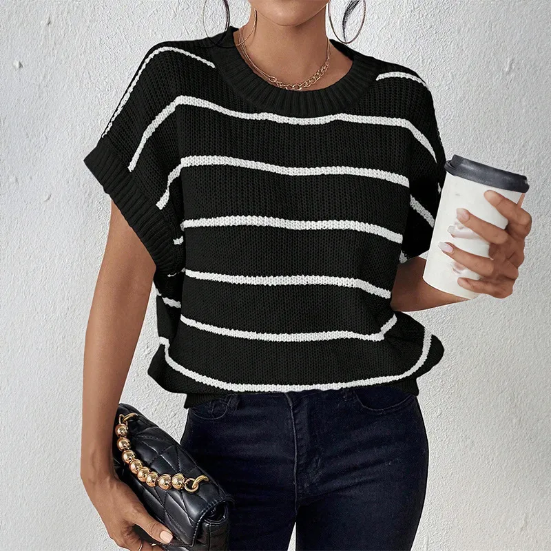 Women's Short-Sleeved Knitted Sweater Summer New Striped Multicolor Printing Pullover Cotton Acrylic Loose Design Street Style Top