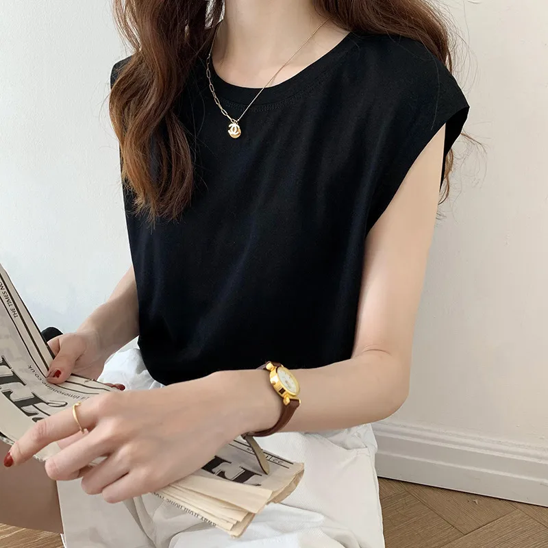 Sleeveless White T-shirt Women's Loose Summer New Fashion Black Vest Top Student Outdoor Wear Ins Style Round Neck Polyester Milk Silk
