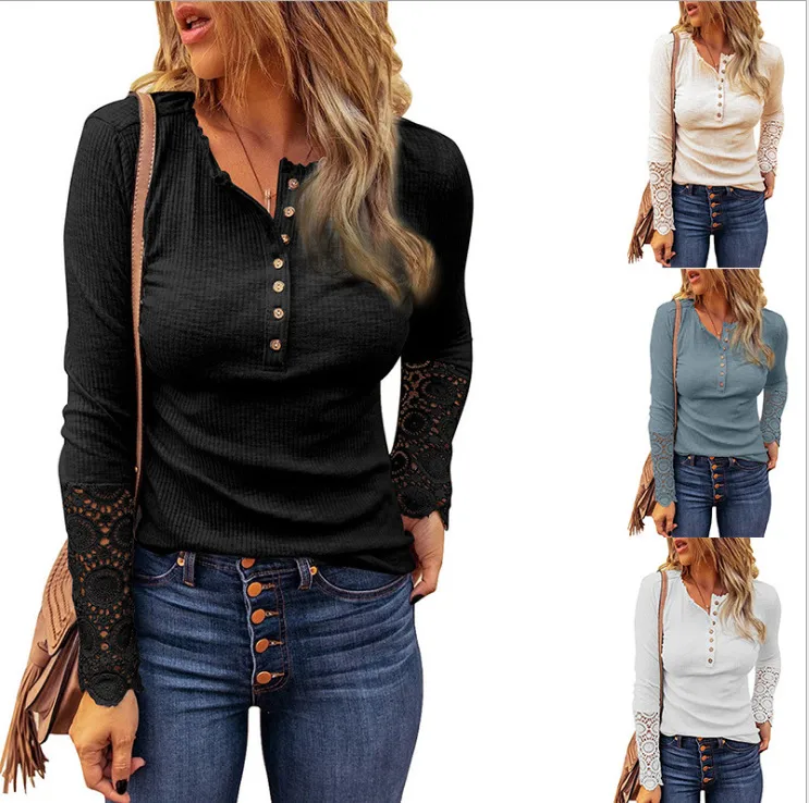 New  Round Neck Stitching Lace Sleeve Loose-Fitting Solid Color Long Sleeves T-shirt Female Fashion Commuter Style