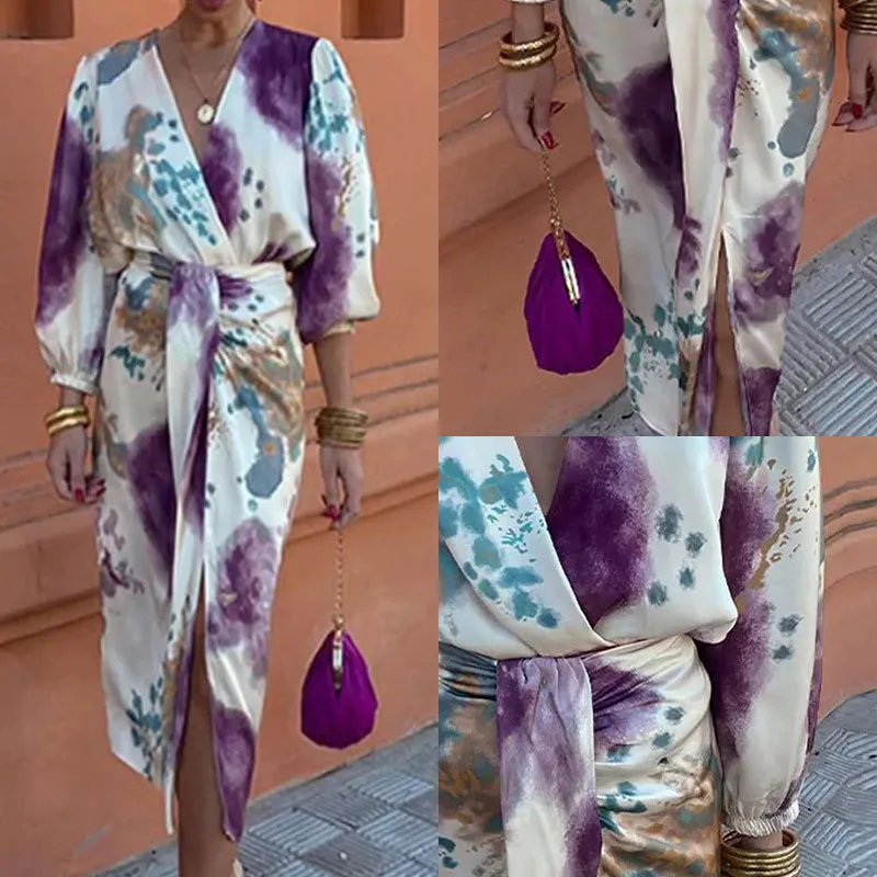Elegant V-neck Long Sleeve Split Skirt Ladies Fashion Suit  New European Style Sweet Fresh Style Polyester Fabric