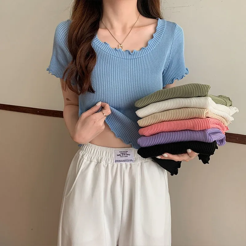 Summer  Women's Knitted Short-Sleeved T-shirt Ice Silk Material Slim Fit Short Chic Coat Bottoming Top Casual New Style