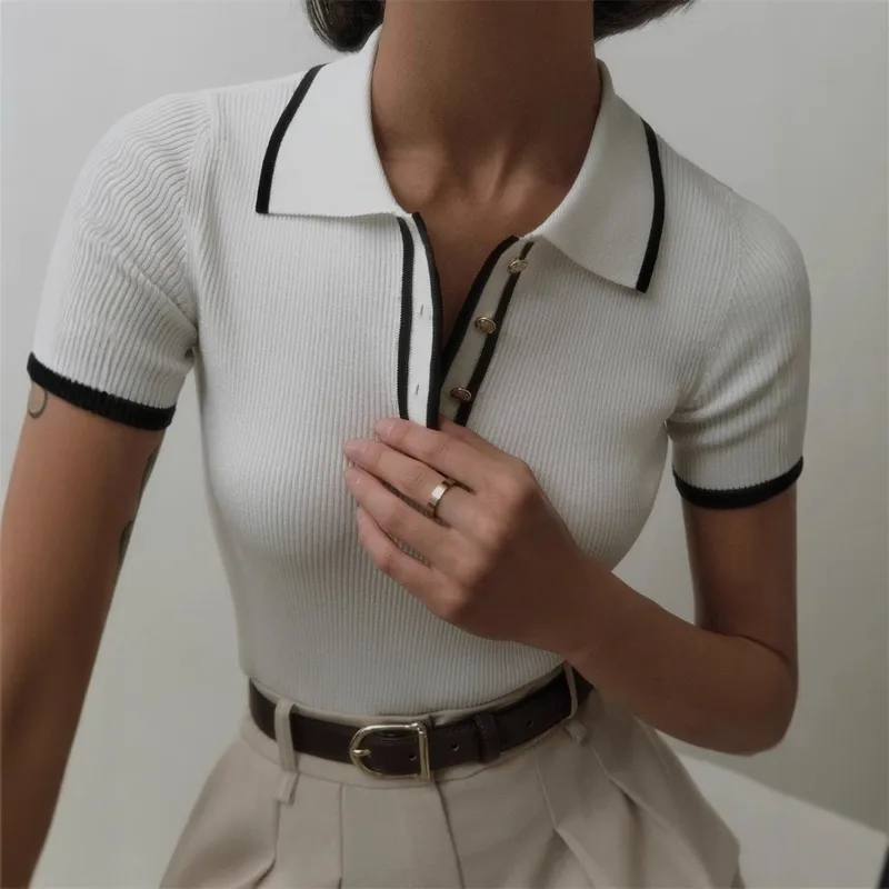 Fashion Style Summer Women's Clothing Slim Fit Street Style Top European Style Ice Silk Knitted Short Sleeve  French Style