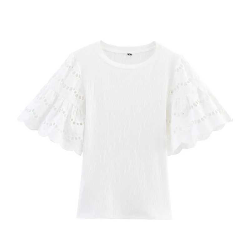 Summer New Women's Clothing Stylish Simple And Versatile Embroidered Sleeve T-shirt European Round Neck Short Sleeve Sweet Fresh Style
