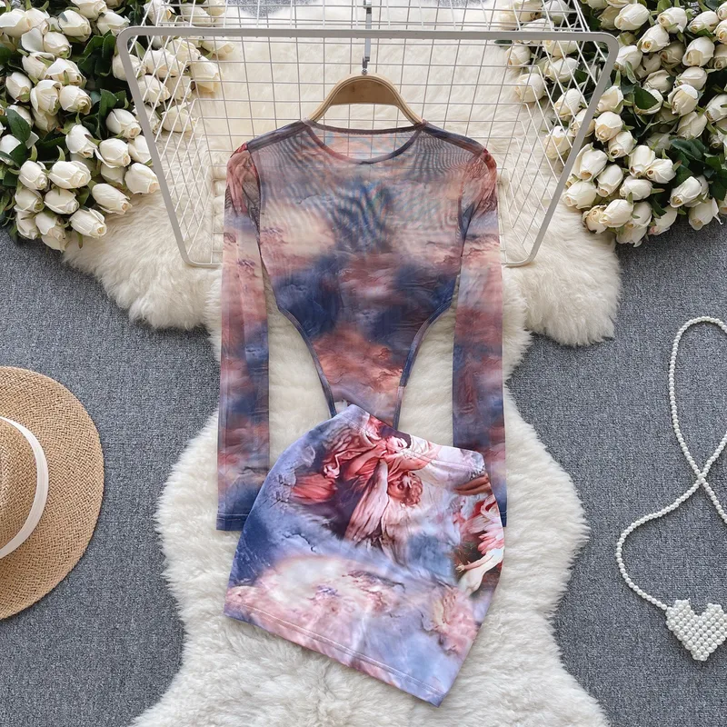 Elegant European Style Long Sleeve Bodysuit Skirt Outfit Women Summer High Waist Tight Sexy Girl Tulle Casual Wear