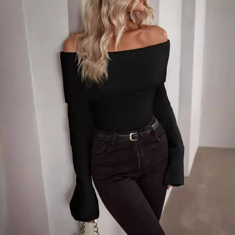 Slim Fit Sexy Knitted Long Sleeve One Shoulder Women's Fashion Autumn Clothing European Style Street Senior Solid Color Polyester Acrylic