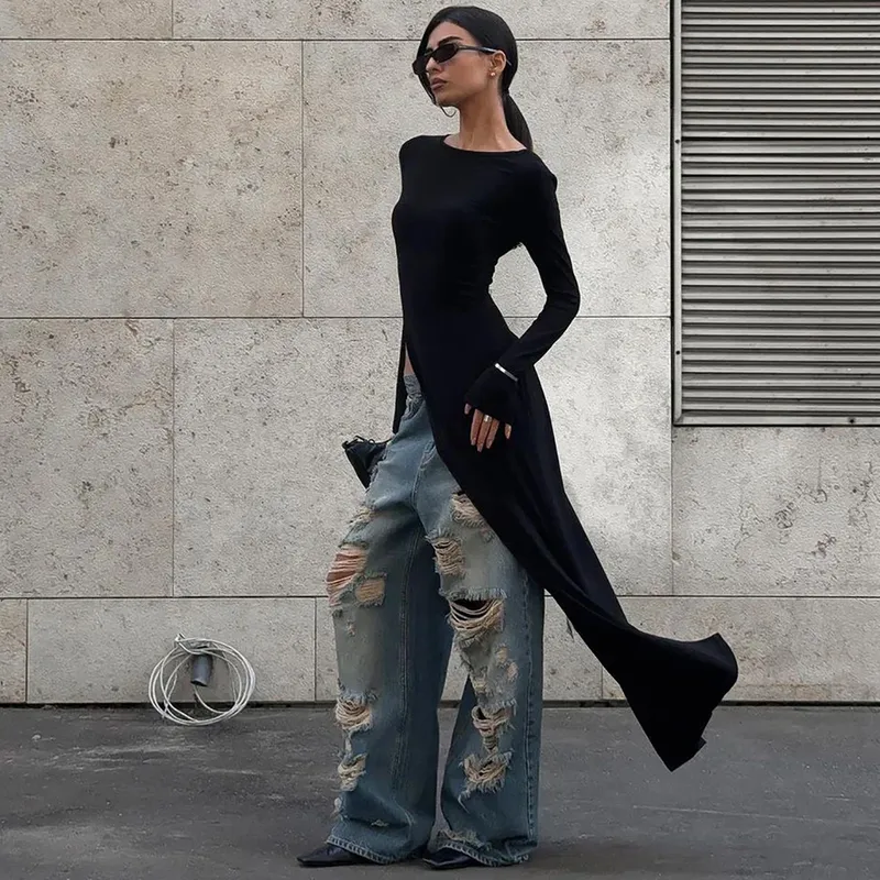 Fashion Street Style Round Neck Long Sleeve Asymmetric Dress Autumn And Winter New Women's Clothing  Style