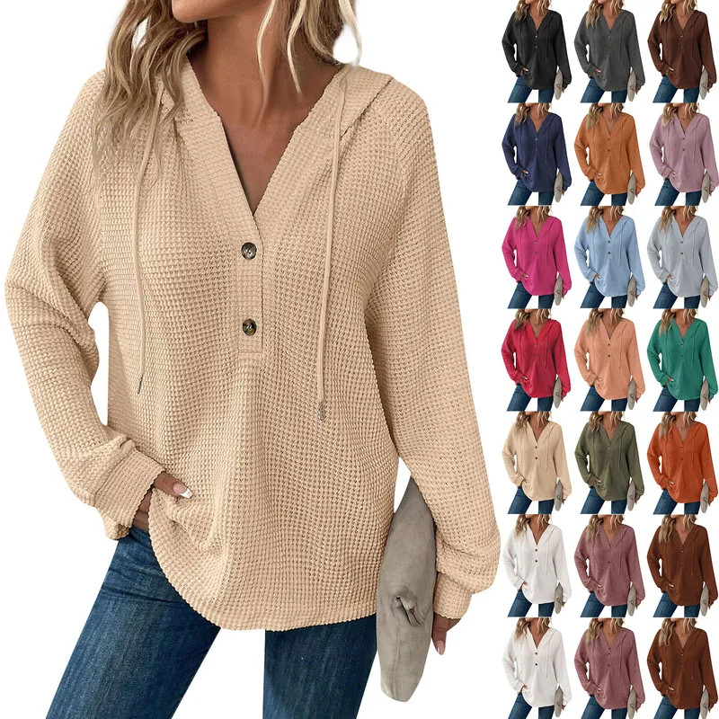 Autumn And Winter Women's Long-Sleeved Hoodie Solid Color Buttons Loose Design Sweatshirt Fresh Sweet Style Woven Polyester Fabric