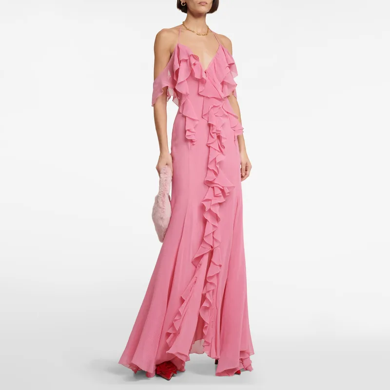 Elegant Pink Maxi Dress With Slit Deep V Neck Strapless Gored Hemline Polyester Fiber No Sleeve Ankle Length Formal Dress