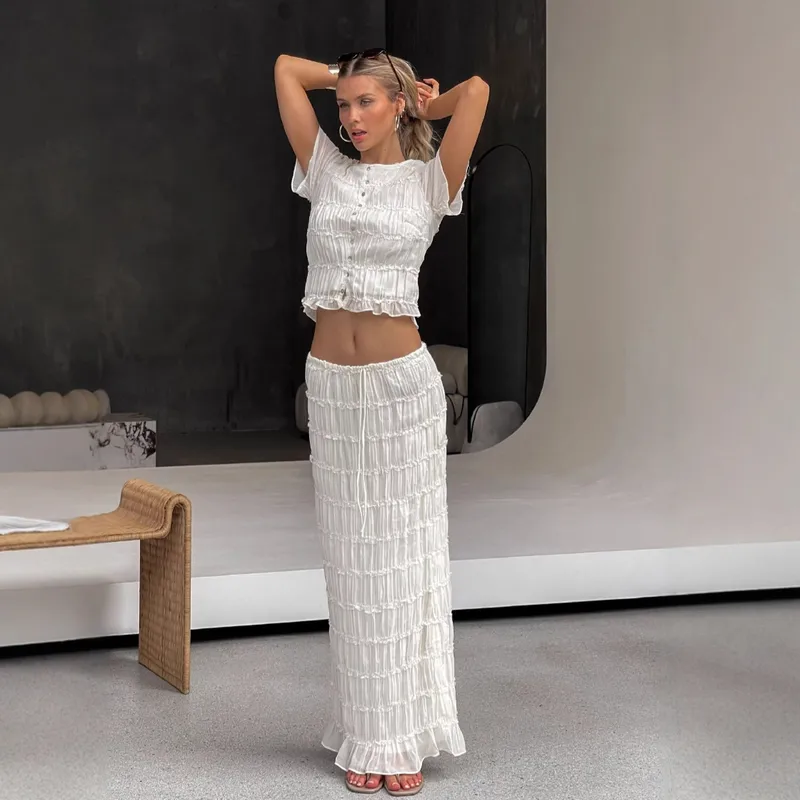 Sexy European Women's Fashion Set With Lace Trim Long Skirt Transparent Shiny Polyester Three-quarter Sleeve Casual Style