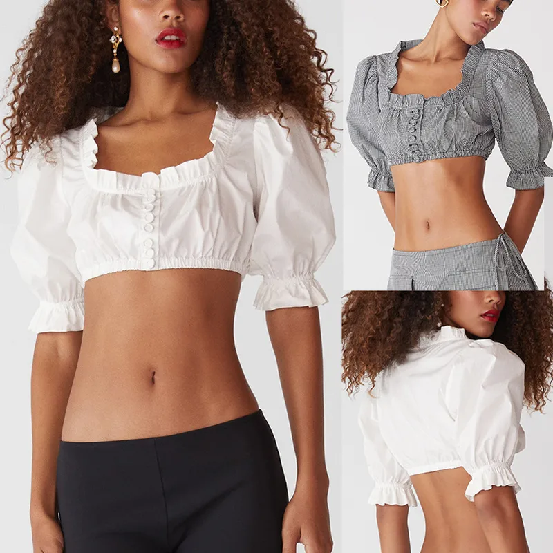 Casual Sexy Crop Top Women's Shirt European Style Decorative Button Wooden Edge Ultra Short Length Bubbles Sleeve Square Collar
