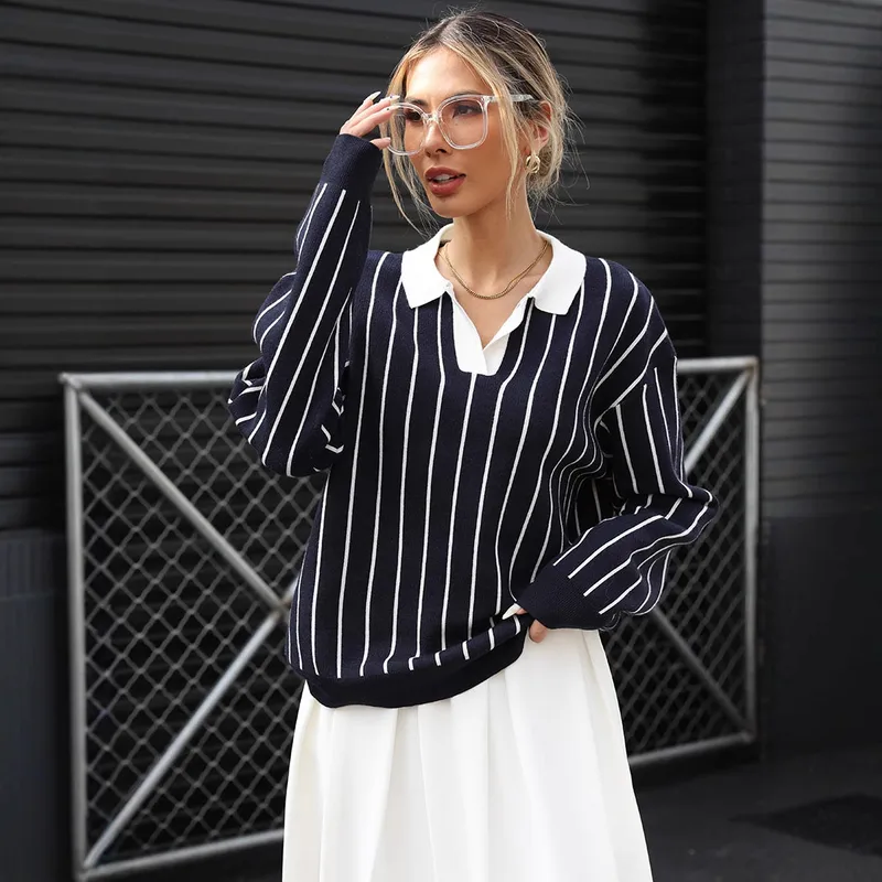 European Style Casual Street Fashion Striped Women's Sweater Turn-down Collar Long Sleeve Loose Fit Comfortable Elastic Velvet