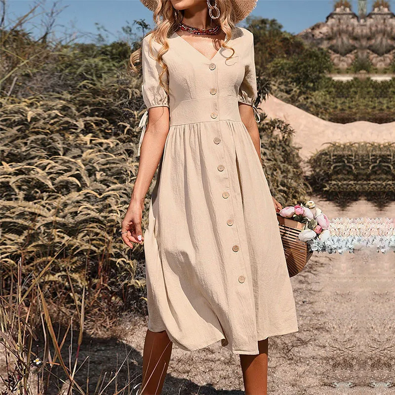 Summer  Women's Cotton Linen Short Sleeve V-Neck Dress Elegant Style High Waist A-Line Skirt Pure Color Splice Design