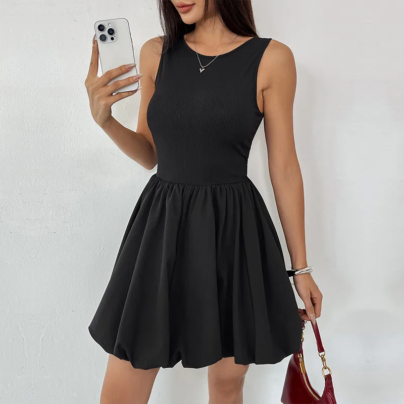 Summer New Style Backless Bouffant Short Skirt  Vest Splicing Dress Sexy High Waist Pure Color Gown