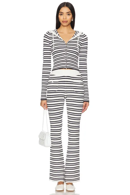 Indigo Striped Zipper Knitted Hoodie Pants Women's Fashion Casual Set Street Style High Street Polyester Fabric No Sleeve