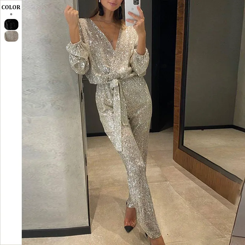 Shiny Bead Waist-Cinching Long Sleeve V-neck One-Piece Autumn Fashion Casual Suit For Women In