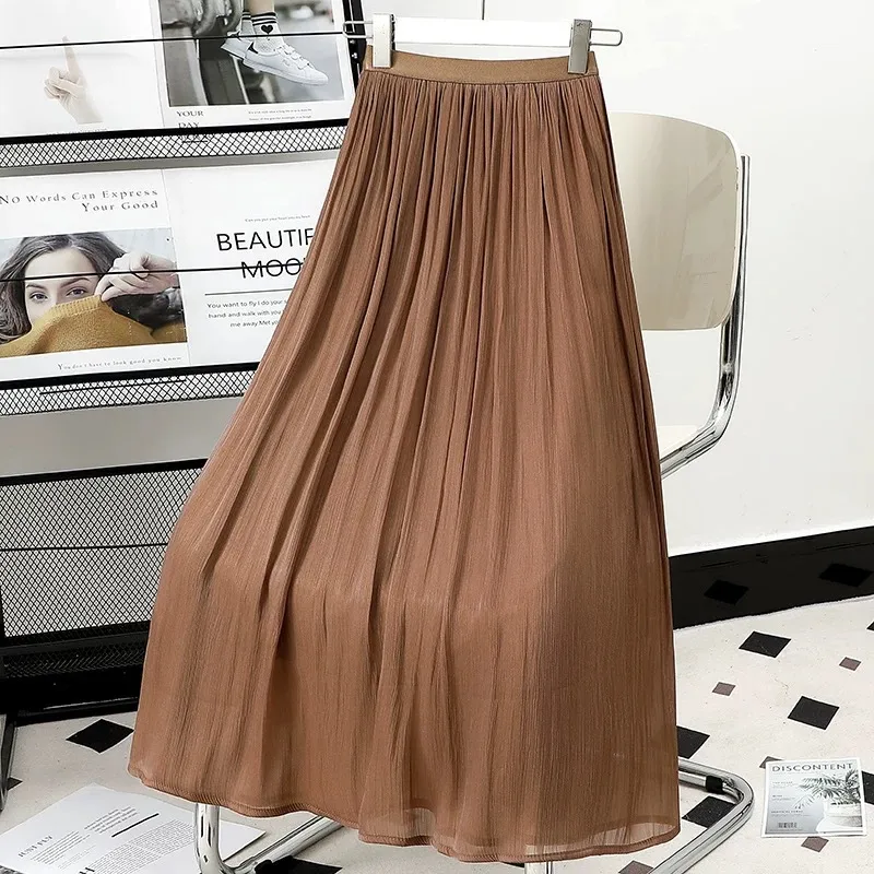 Elegant Satin Feel Chiffon Pleated Midi Skirt Women's Spring Summer Smooth Half-length A-line Skirt Pure Color Casual Style