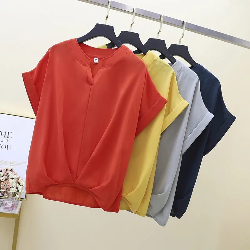 Summer INS Women's Loose Midi Shirt Short Sleeve V-Neck New Style Casual Pure Color Cotton Polyester Blend Blouse