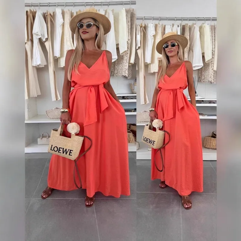 Women's Pure Color Butterfly Knot Belted Dress Casual Long Gown European Style V-neck Sleeveless Ankle-length Full Skirt