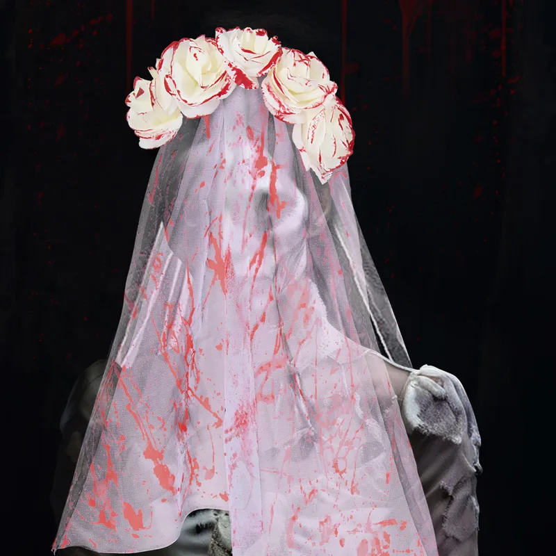 New Halloween Wedding Ghost Bride Blood Spattered Veil Hairpin Mask Festival Costume Accessories Party Props Handmade EVA