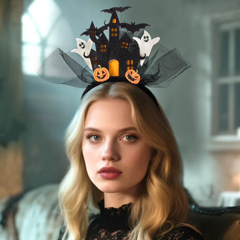 New Halloween Ghost Castle 3D White Electronic Glowing Headband Ghost Pumpkin Hair Accessory Costume Props Plastic Handmade