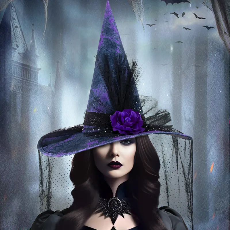 Halloween Baroque Gothic Net Witch Hat Fake Flower Queen Costume Accessory Elegant Festival Witch Hat Handmade Cloth Material