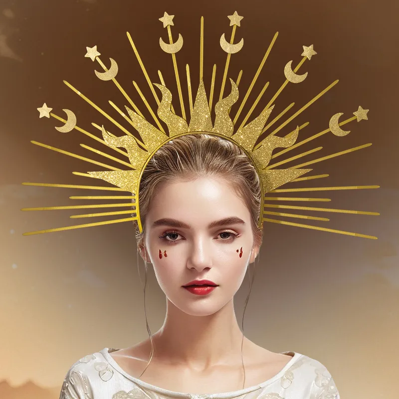 Golden Goddess Sun Moon Star Combination Hair Accessories  Style Fashion Show Role Costume Props