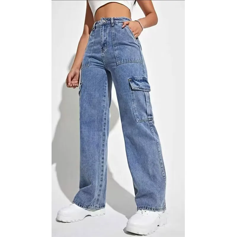 Women's Casual Wide Leg Jeans Multiple Pockets Spring Autumn New Style Comfortable Elastic Fabric Workwear Trousers