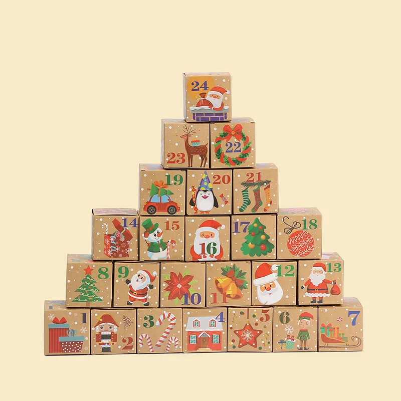 Brown Christmas Print Kraft Paper Box Foldable Gift Packaging Bag 24 Days Countdown Blind Box Fashion Minimalist Style