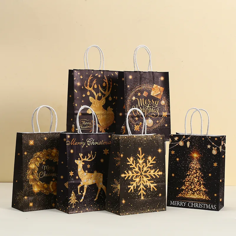 Black Christmas Gift Bag Party Candy Handheld Printing Takeaway Shopping Bag Kraft Paper Bag Fashionable Stylish Material