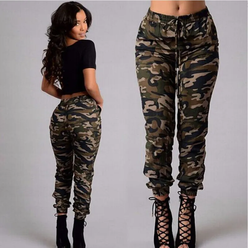 Style Camouflage Print Long Pants Casual Tapered Leggings Women's Loose Fit Cotton Polyester Blend