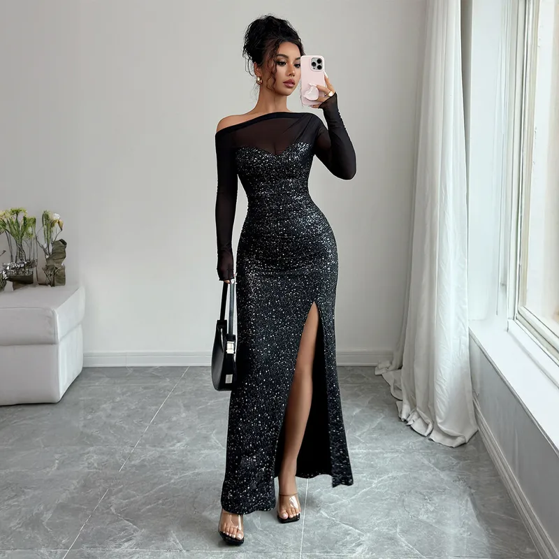 Elegant Long Sleeve Maxi Dress Women's Fashion Autumn Winter High Waist Bodycon Dress European Style Street Style Sequin Design