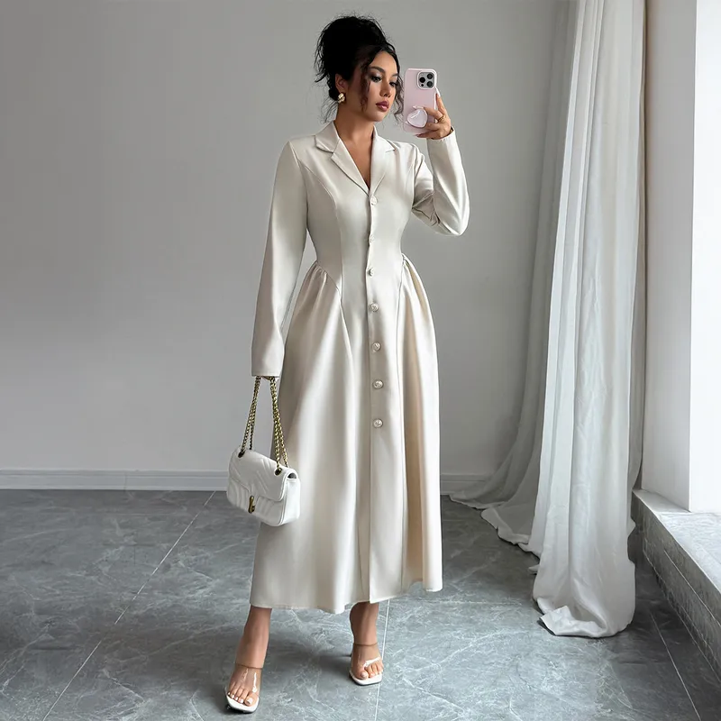 Elegant Long Sleeve Long Dress Women's Fashion Deep V Neck Dress Autumn Winter Season High Waist A-Line Skirt Street Style
