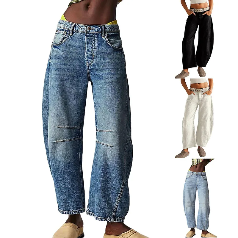 Loose Wide Leg Women's Jeans Casual High Waist Straight Cut Drapey Washed Denim Pants New Style Long Trousers