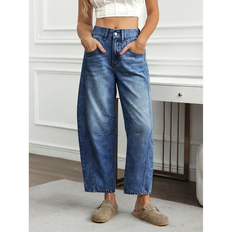 Loose Women's Straight Leg Jeans Draped Washed Wide Leg Long Trousers Casual High Waist Cotton Stretch Denim Pants
