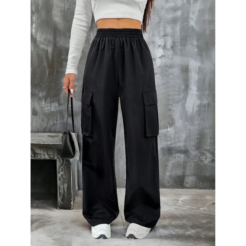 High Waist Casual Pants Women's Workwear Pocket Design Pure Color Loose Waist Polyester Fabric Long Pants Casual Style