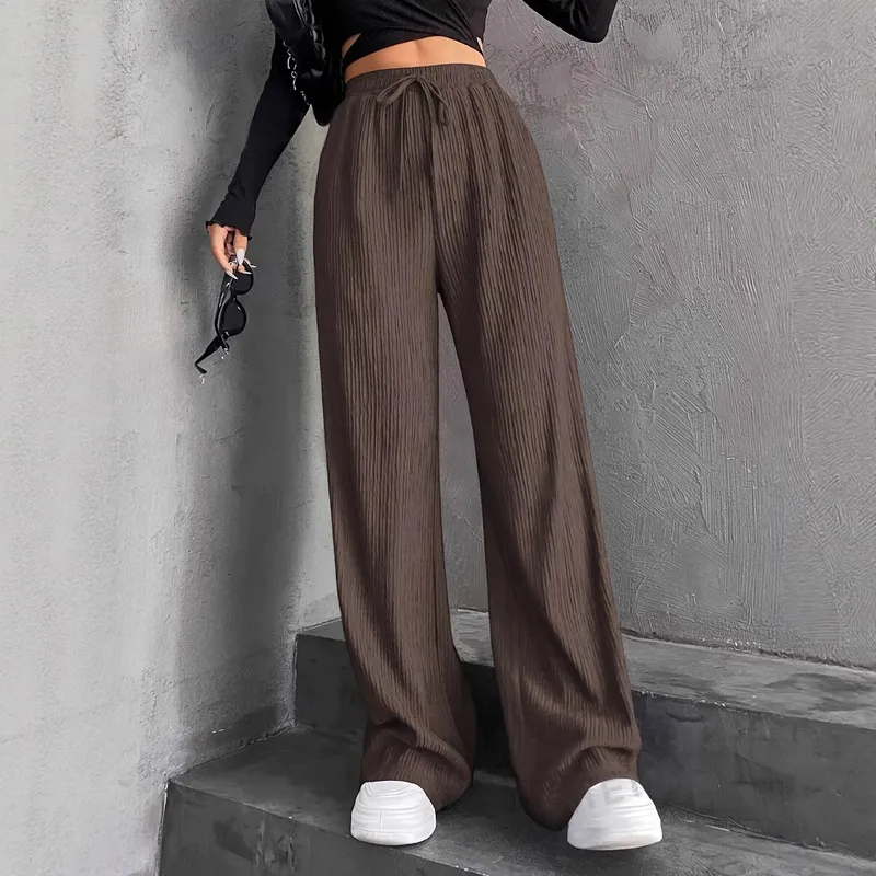High Waist Wide Leg Pants Women's Elastic Waist Casual Long Trousers Pure Color Drawstring Straight Cut Autumn Winter New Arrival