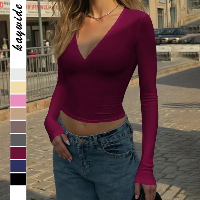 Slim Fit Long Sleeve Vest T-Shirt Women's Fashion Y2K Spicy Girl Style Autumn Winter Streetwear V-neck Knitted Polyester Lycra