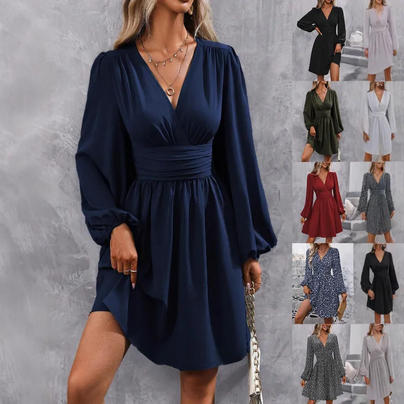 Elegant High Waist Lantern Sleeve Gown  Style Autumn Winter New Fashion Side Collar Pleated Waist Dress