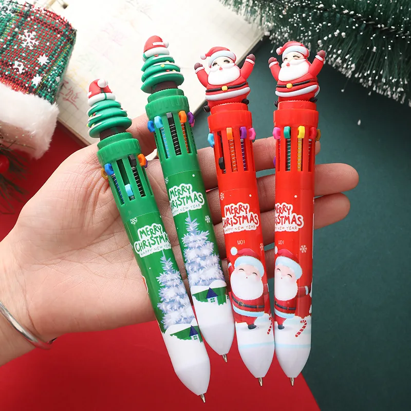 Creative Christmas Ten Color Ballpoint Pen Press Type Notebook Pen Stationery Gift Multicolor Christmas Design U0001f385