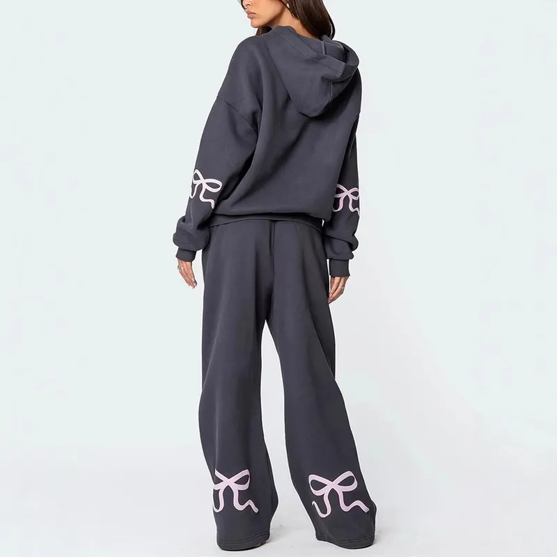 Autumn Winter Thickened Long Sleeve Round Neck Sweatshirt Women's Fashion Casual Wide Leg Pants Set Street Style High Street