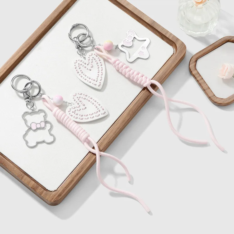 New Ins Stylish Sweet Hollow Cartoon Drip Oil Bear Star Heart Woven Rope DIY Keychain Zinc Alloy Cute Fashion Accessory