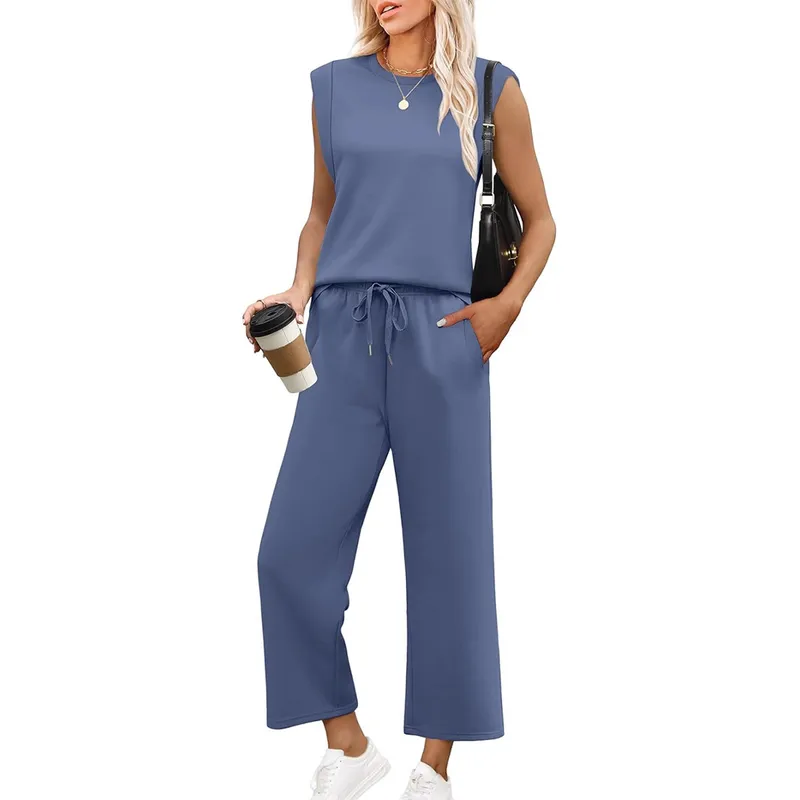 Casual Round Neck Sleeveless Set Loose Women's Fashion  Two-Piece Suit  Style Pure Color Polyester